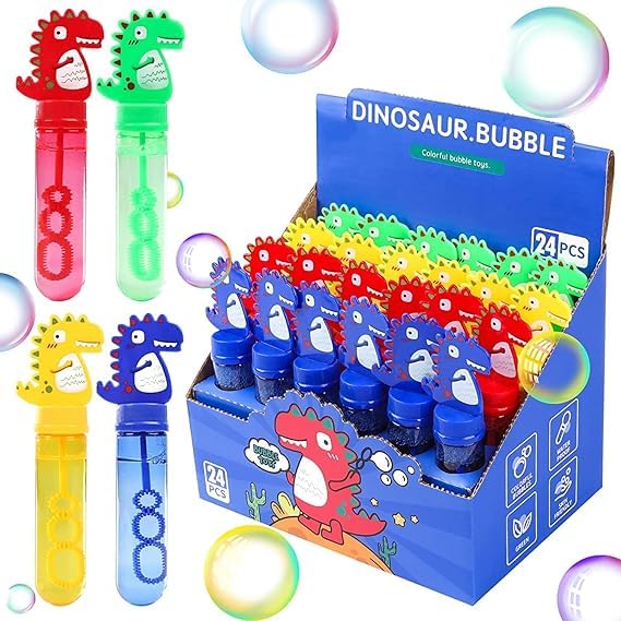 24Pcs Dinosaur Bubble Wands,Bubble Wand Bulk for Kid,Dino Bubbles Party Favors for Boys Girls,Assortment Color Bubbles Wands for Dino Themed Birthday Gift Outdoors Activity with 8 Dinosaur Stickers