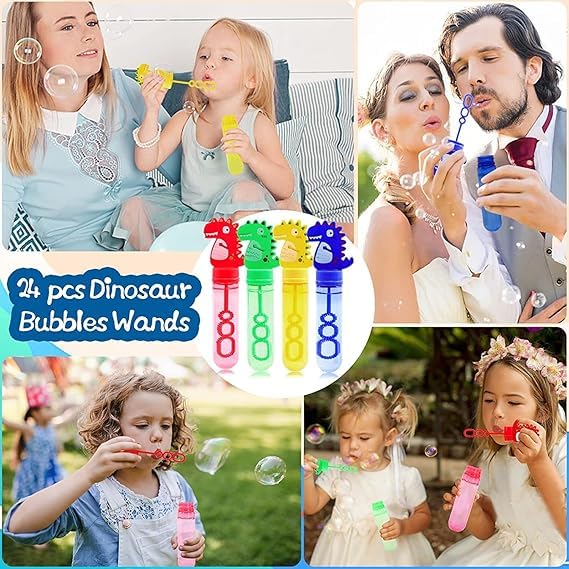 24Pcs Dinosaur Bubble Wands,Bubble Wand Bulk for Kid,Dino Bubbles Party Favors for Boys Girls,Assortment Color Bubbles Wands for Dino Themed Birthday Gift Outdoors Activity with 8 Dinosaur Stickers
